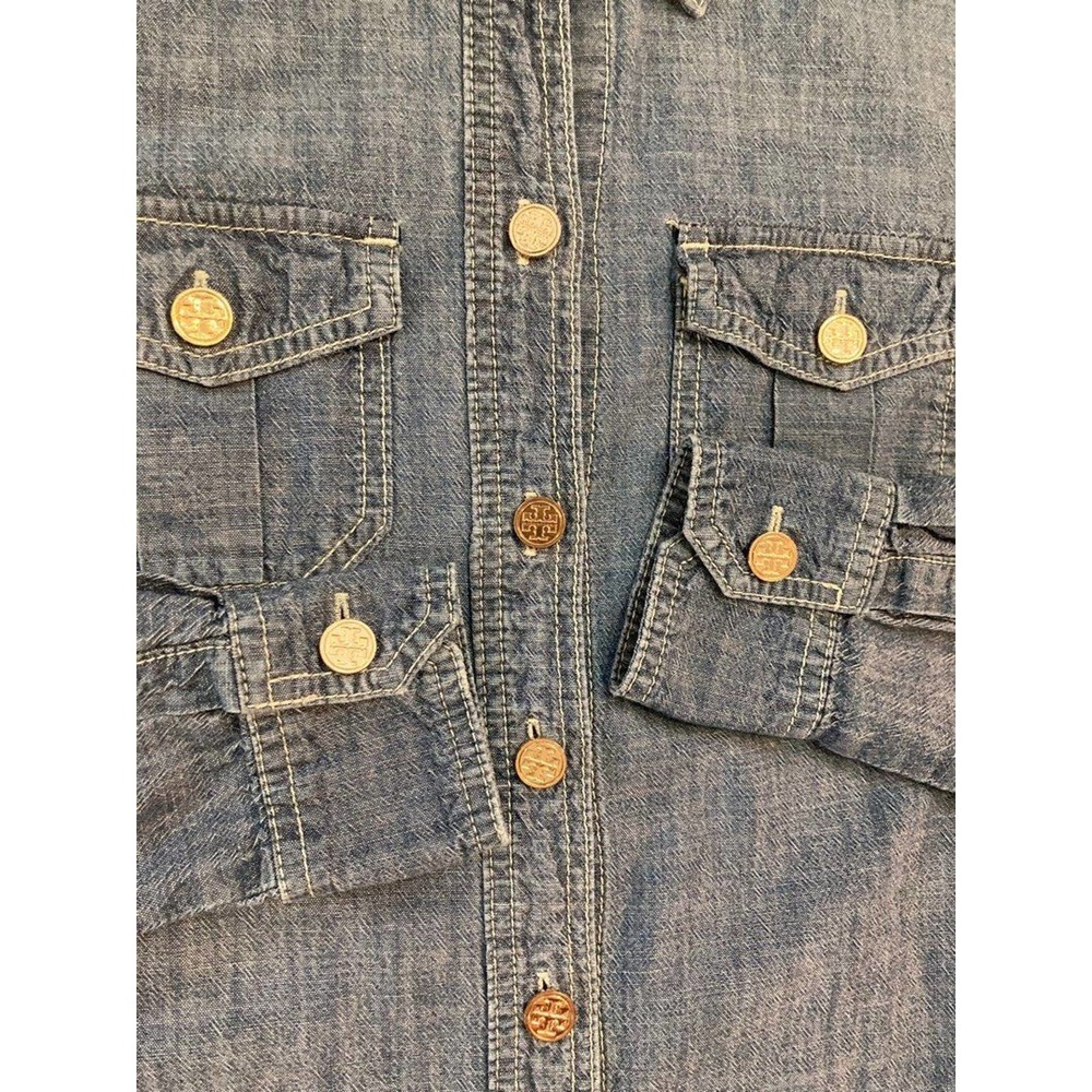 Tory Burch Shirt Dress Womens 6 Blue Chambray Gold Logo Button Military Utility - Picture 5 of 5